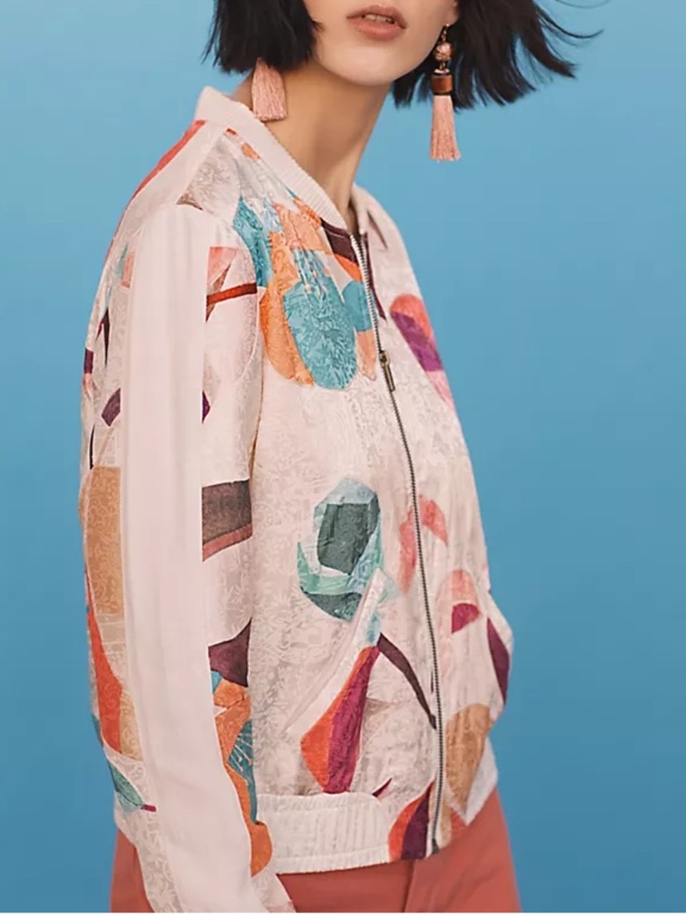 Anthropologie Elevenses Satin Abstract Geo Floral Lightweight Bomber Jacket M